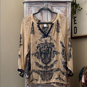 Bila Beige Peasant Blouse with Navy Embroidery